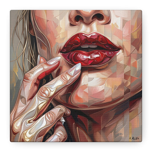 Glam Portrait Canvas Print — Red Lips & Painted Hands Matte Stretched Wall Art