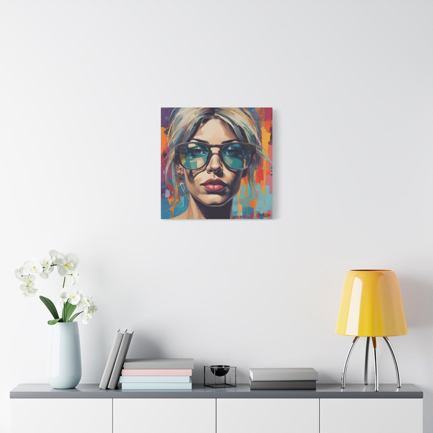 Pop Art Portrait Canvas — Blonde Woman with Blue Sunglasses Matte Stretched Art