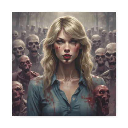 Zombie Swift Matte Canvas Print — Horror Wall Art, Blonde Survivor Surrounded by Undead