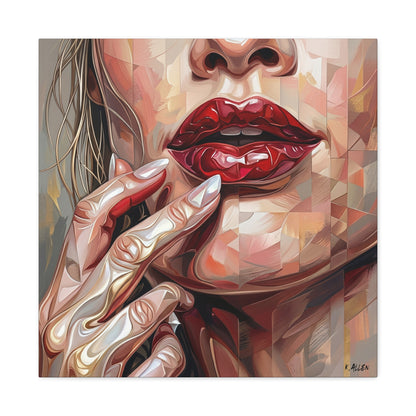 Glam Portrait Canvas Print — Red Lips & Painted Hands Matte Stretched Wall Art