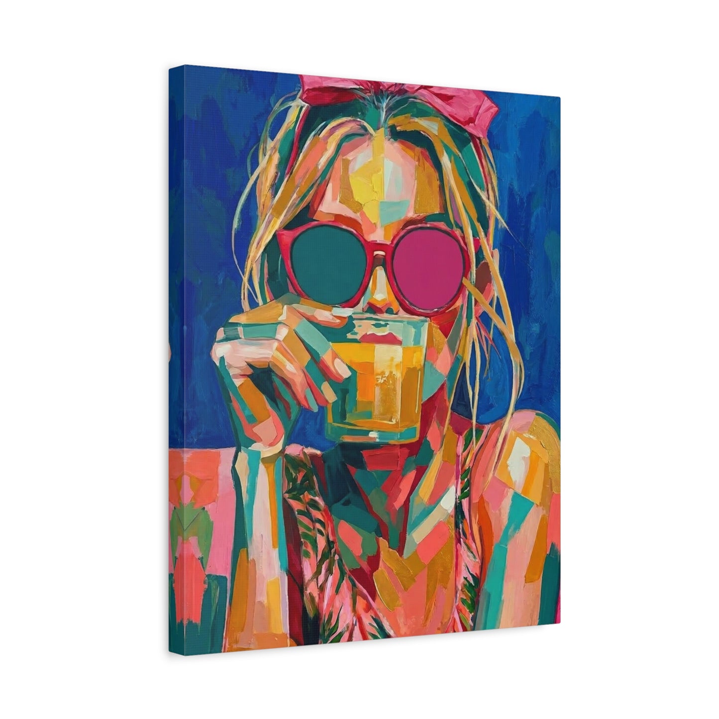 Colorful Pop Art Woman Drinking Canvas Wall Art - Blue