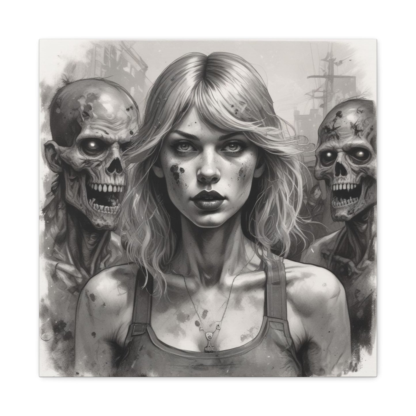 Zombie Apocalypse Canvas Print — Female Survivor Portrait Matte Stretched Art