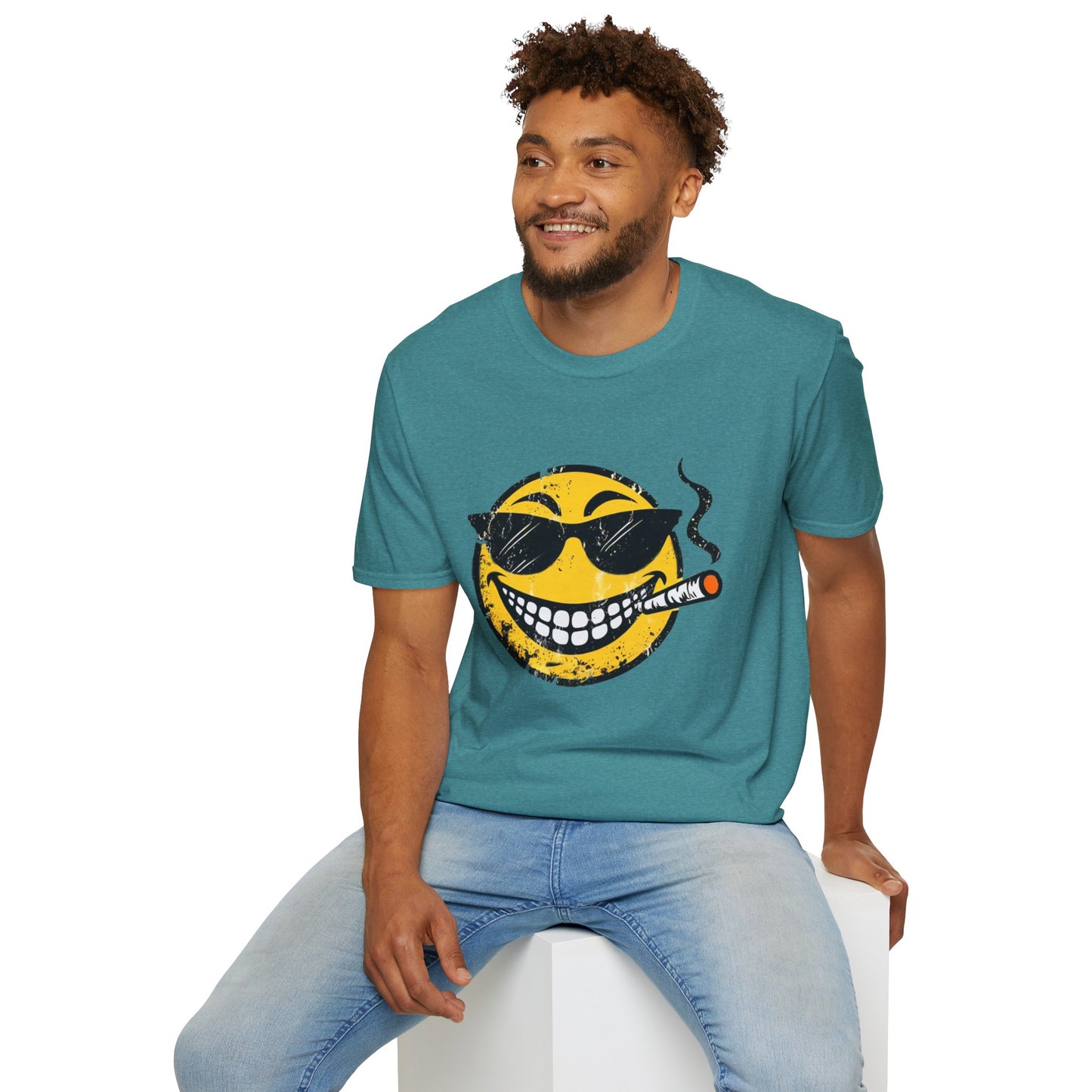 Smokin' Cool Emoji T-Shirt — Retro Grinning Face with Sunglasses & Cigar