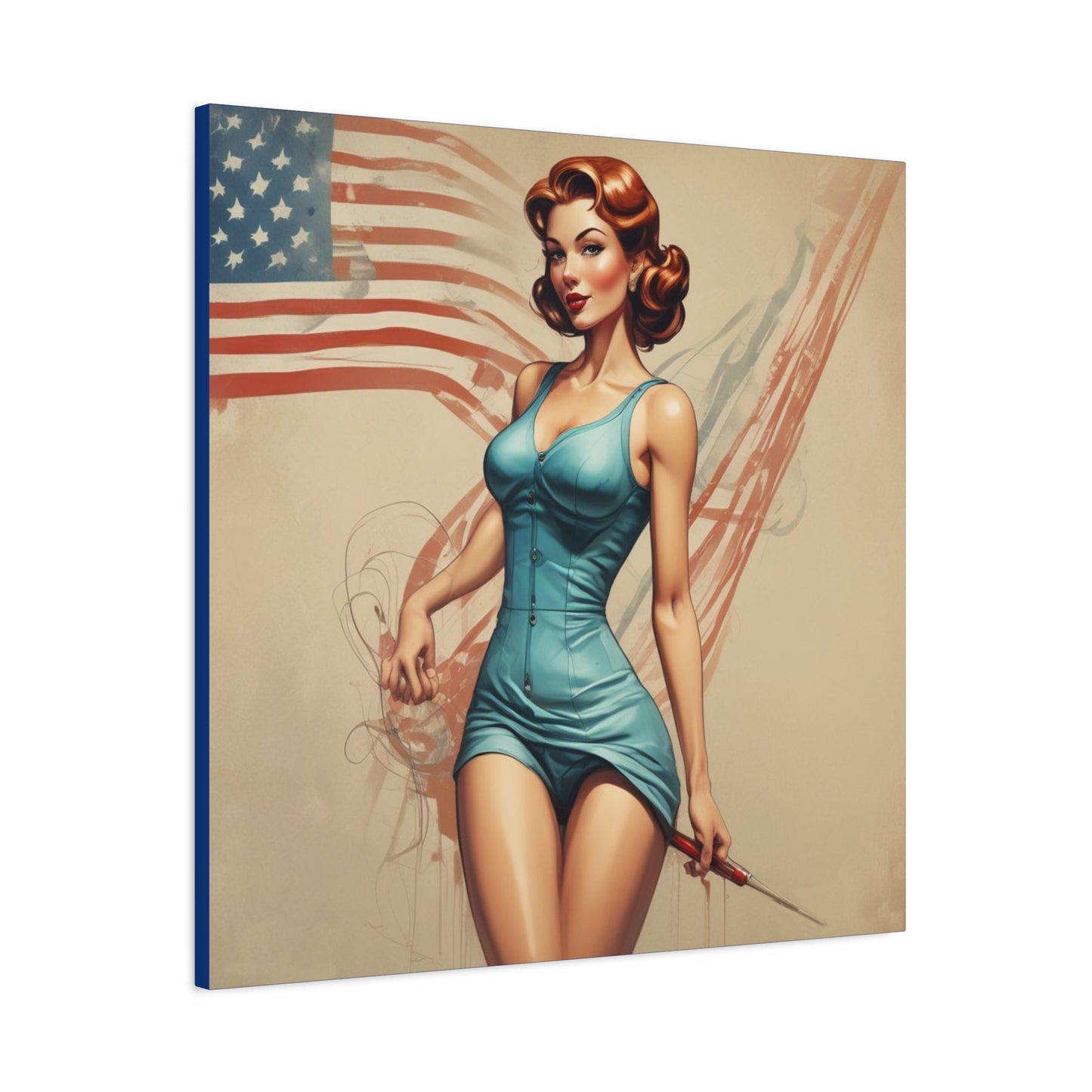 Retro Pin-Up Canvas Wall Art — Vintage American Flag Pinup Matte Stretched 1.25"