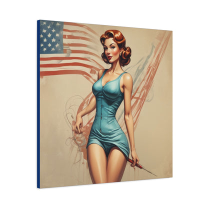 Retro Pin-Up Canvas Wall Art — Vintage American Flag Pinup Matte Stretched 1.25"
