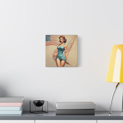 Retro Pin-Up Canvas Wall Art — Vintage American Flag Pinup Matte Stretched 1.25"