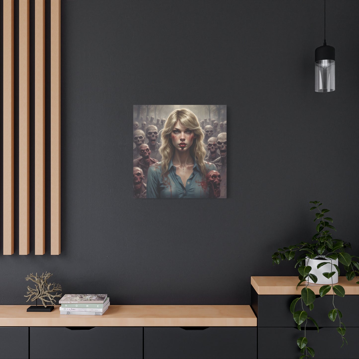 Zombie Swift Matte Canvas Print — Horror Wall Art, Blonde Survivor Surrounded by Undead