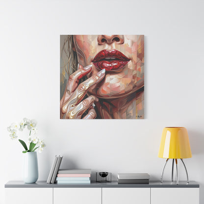 Glam Portrait Canvas Print — Red Lips & Painted Hands Matte Stretched Wall Art