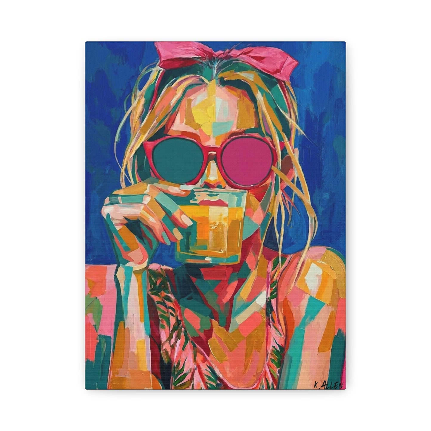 Colorful Pop Art Woman Drinking Canvas Wall Art - Blue