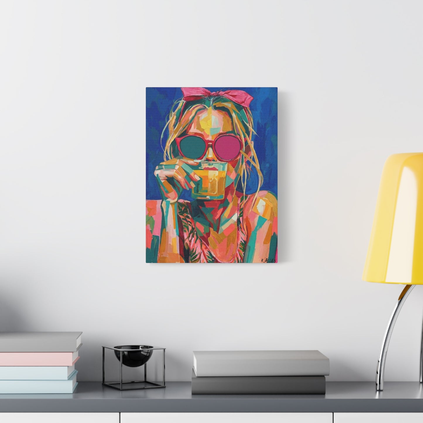 Colorful Pop Art Woman Drinking Canvas Wall Art - Blue