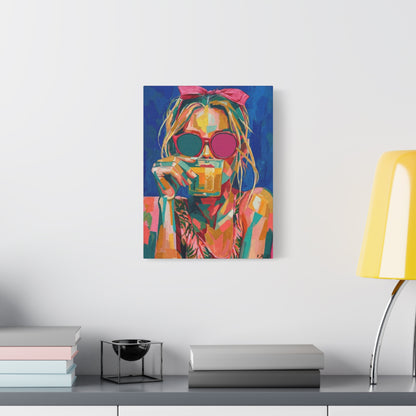 Colorful Pop Art Woman Drinking Canvas Wall Art - Blue