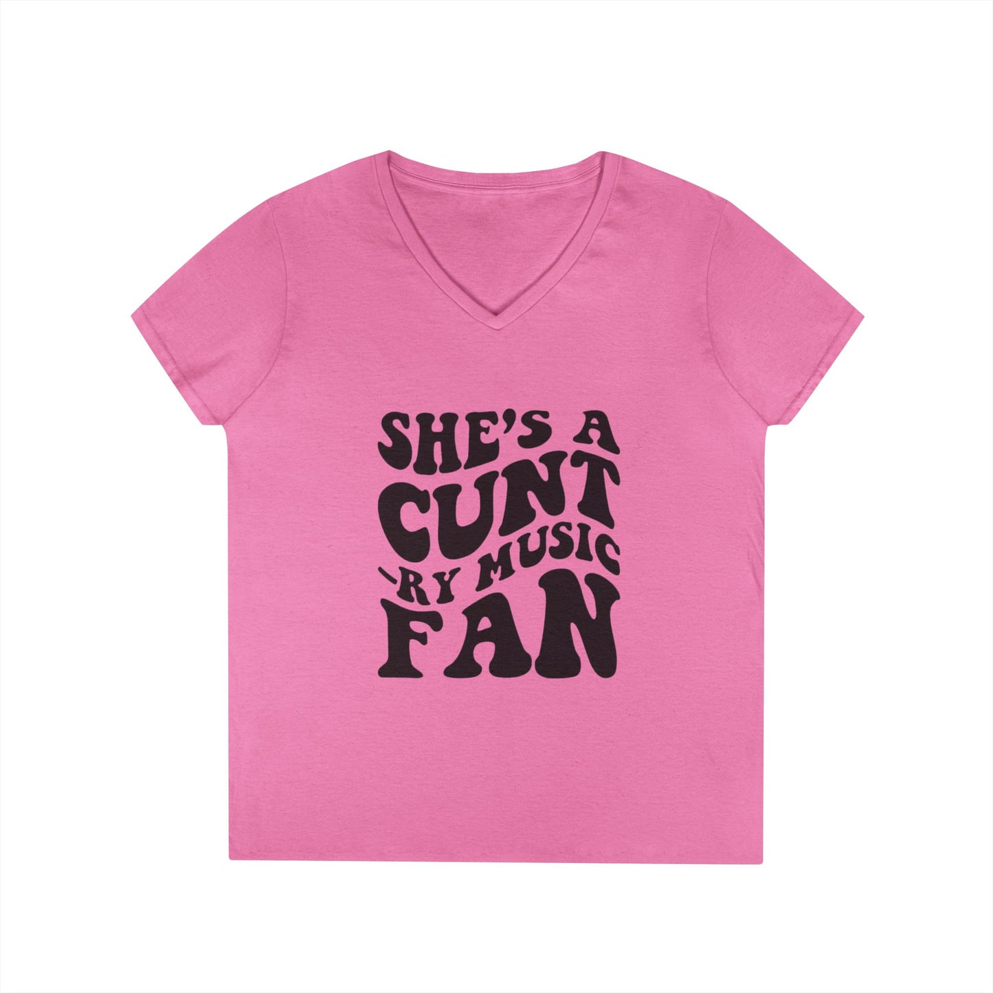 V-Neck T-Shirt — "She's a Cuntry Music Fan" Retro Typography Tee