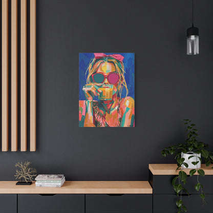 Colorful Pop Art Woman Drinking Canvas Wall Art - Blue