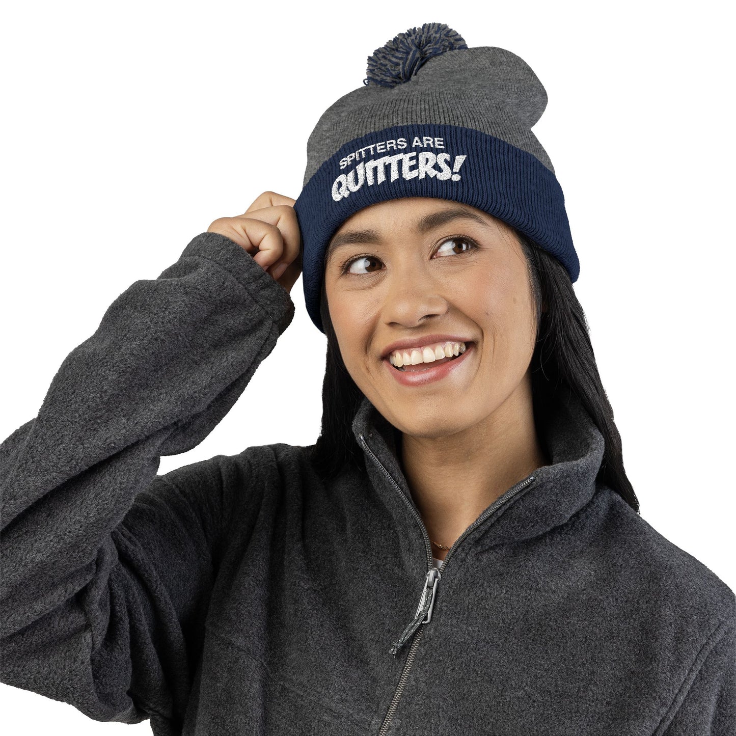 Embroidered Pom-Pom Beanie — "Spitters Are Quitters!" Cozy Winter Hat