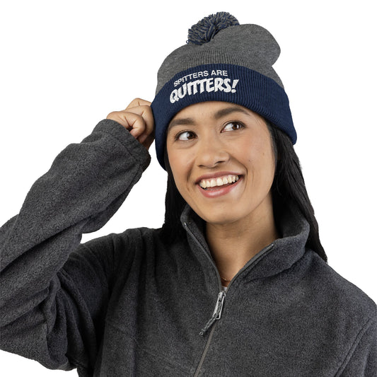 Embroidered Pom-Pom Beanie — "Spitters Are Quitters!" Cozy Winter Hat