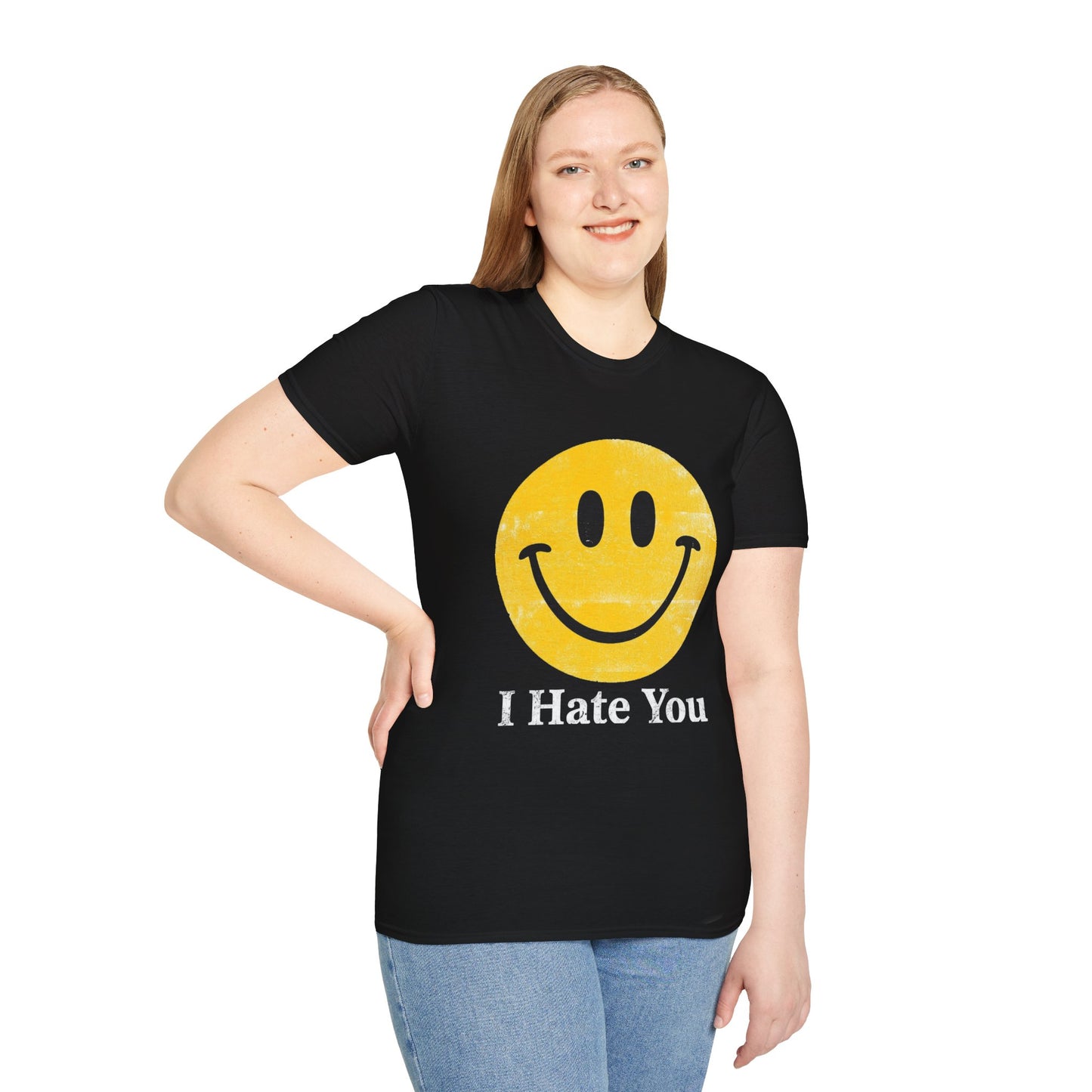 Funny 'I Hate You' Smiley T-Shirt — Retro Distressed Yellow Smiley Tee
