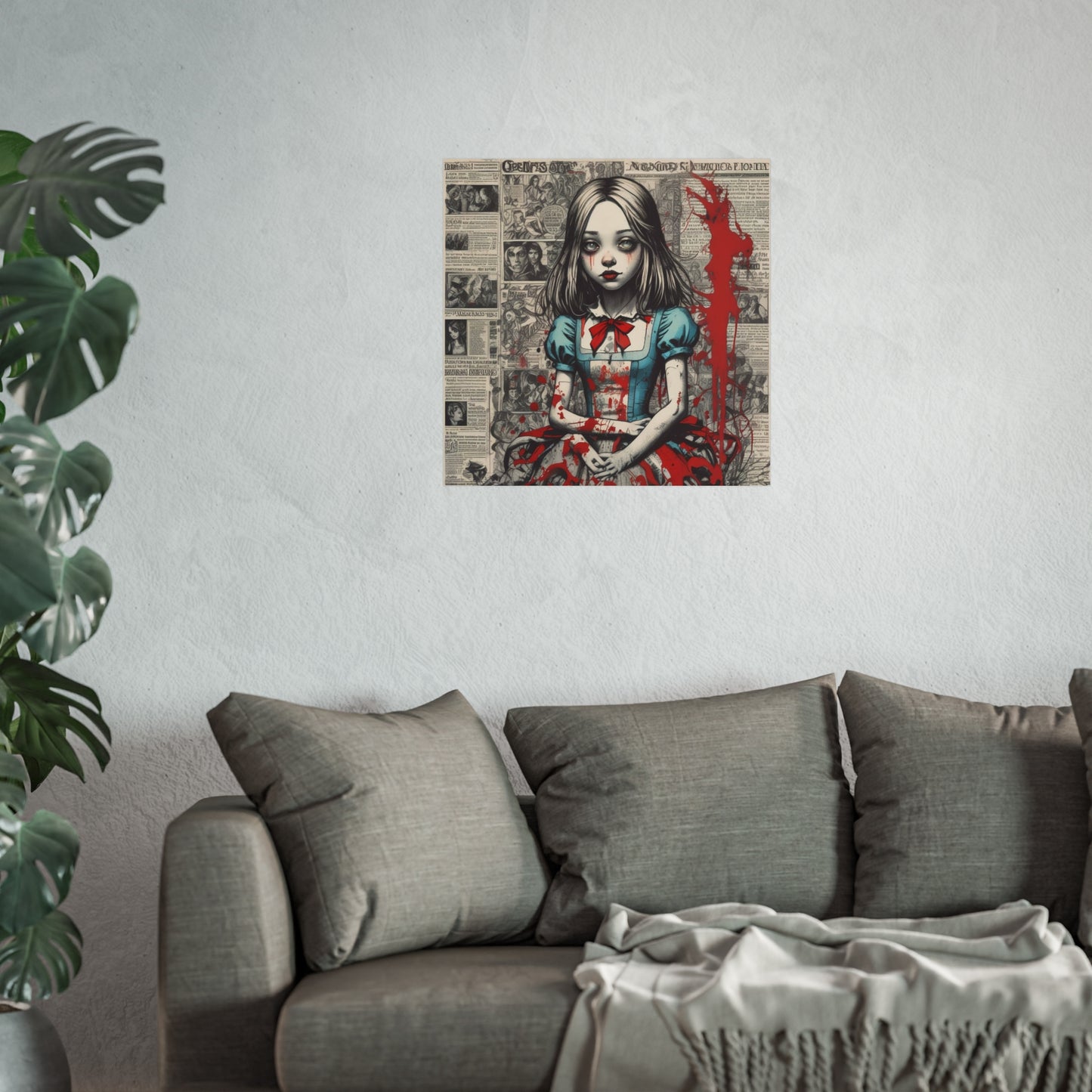 Gothic Alice Fine Art Print — Dark Vintage Newspaper Collage with Blood-Splatter