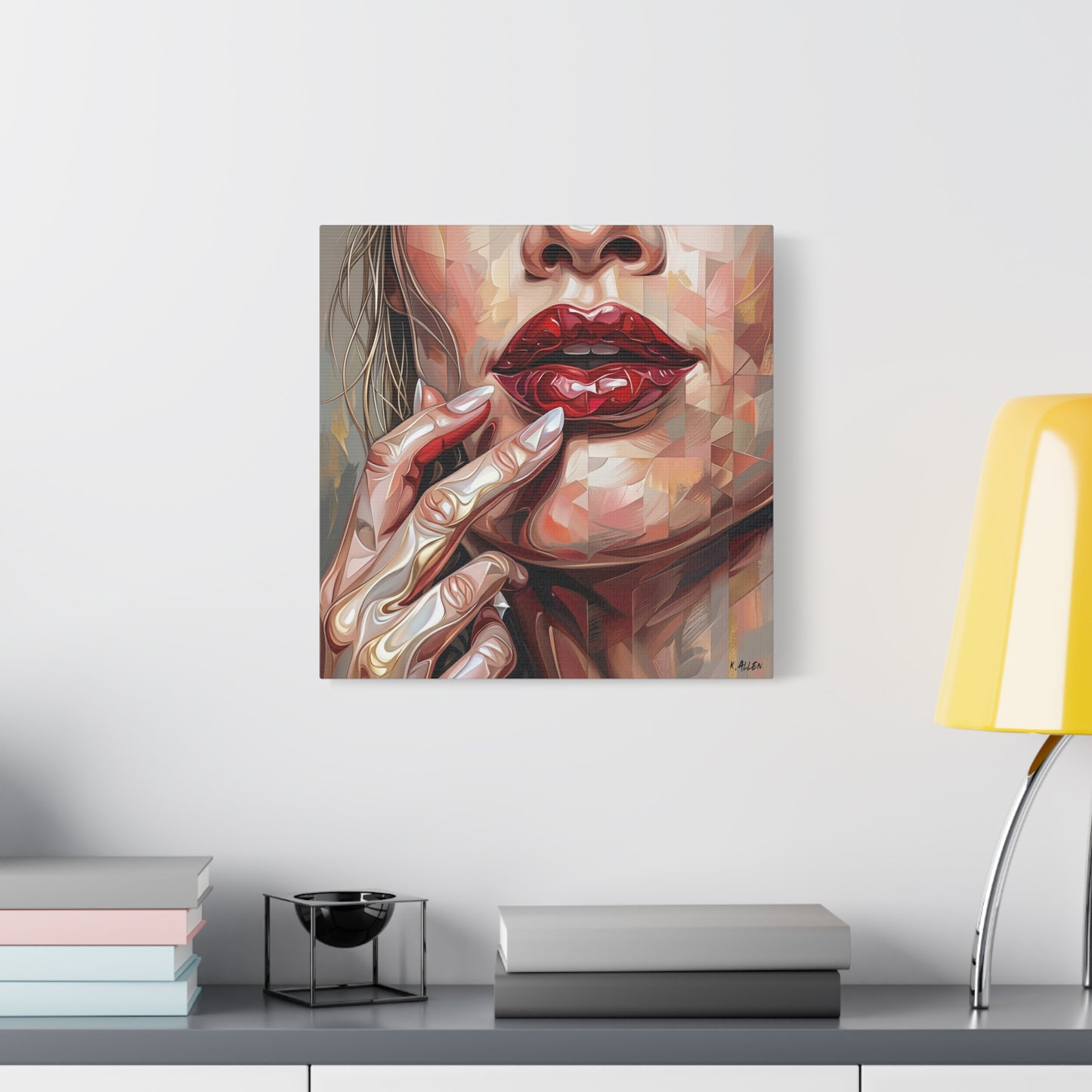 Glam Portrait Canvas Print — Red Lips & Painted Hands Matte Stretched Wall Art