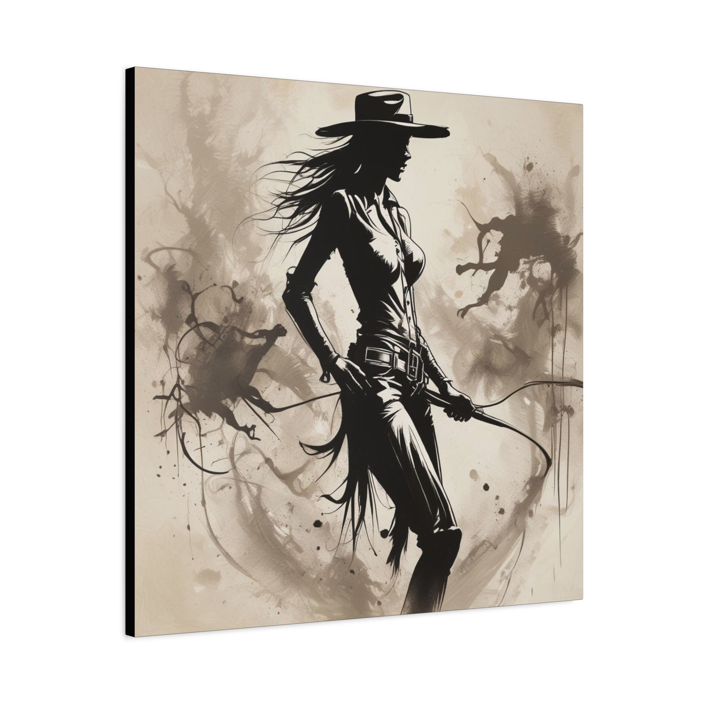 Cowgirl Silhouette Canvas Art – Western Whip Poster on Matte Stretched Canvas