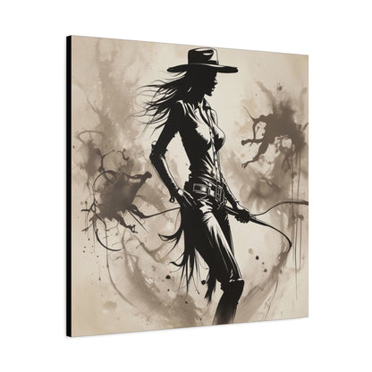 Cowgirl Silhouette Canvas Art – Western Whip Poster on Matte Stretched Canvas