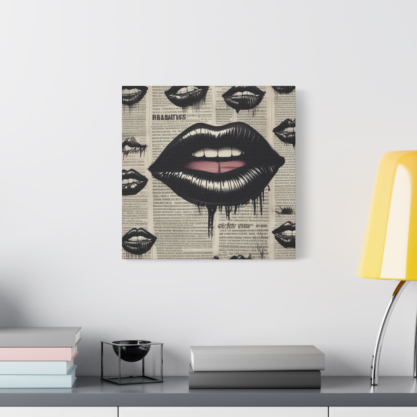 Black Drip Lips Canvas Wall Art — Vintage Newspaper Pop Art