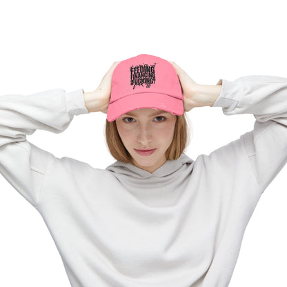 Distressed Dad Hat — "Feeding, Financing & F***ing" Bold Script Cap