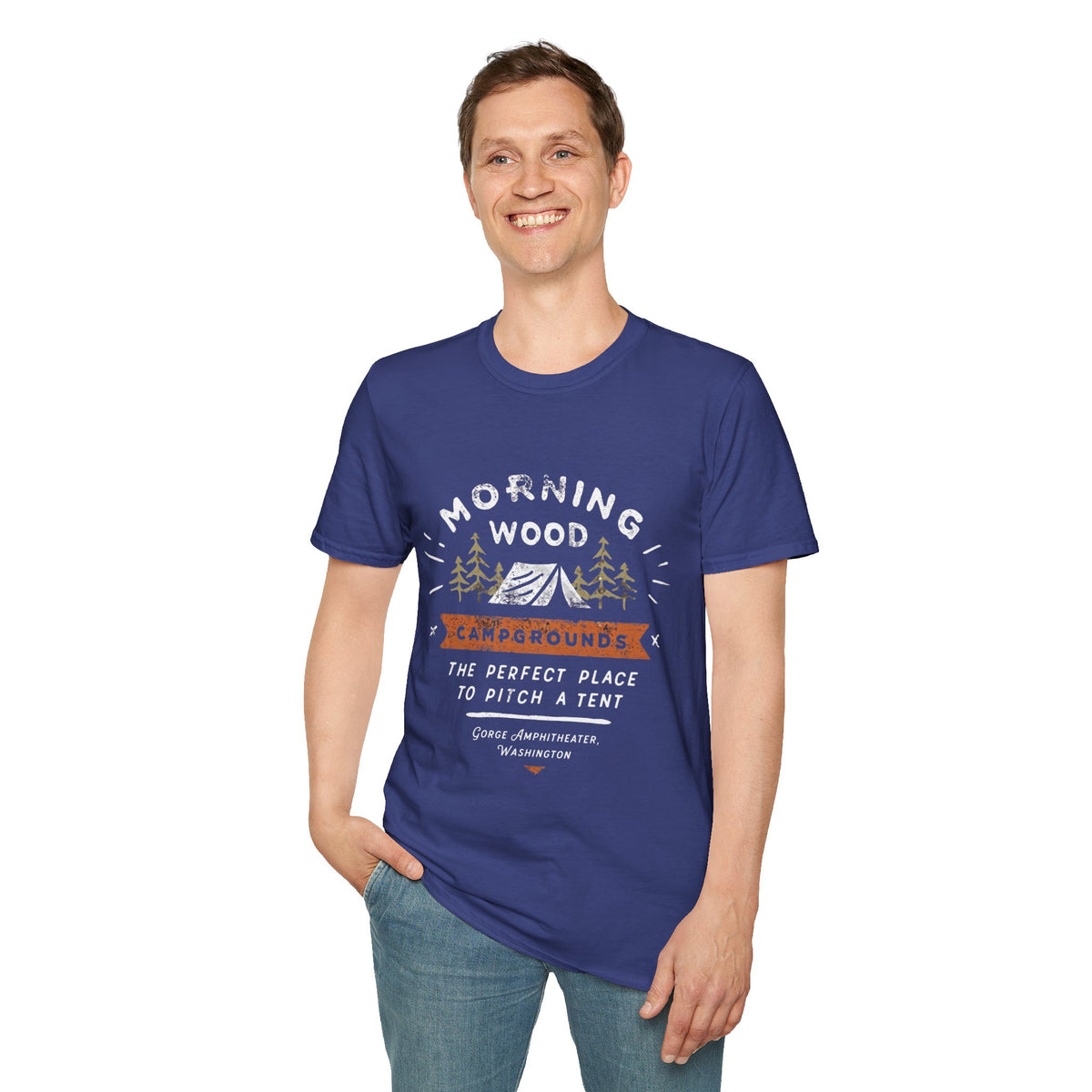 Camping T-Shirt — "Morning Wood" Tent & Pine Tree Outdoor Graphic Tee