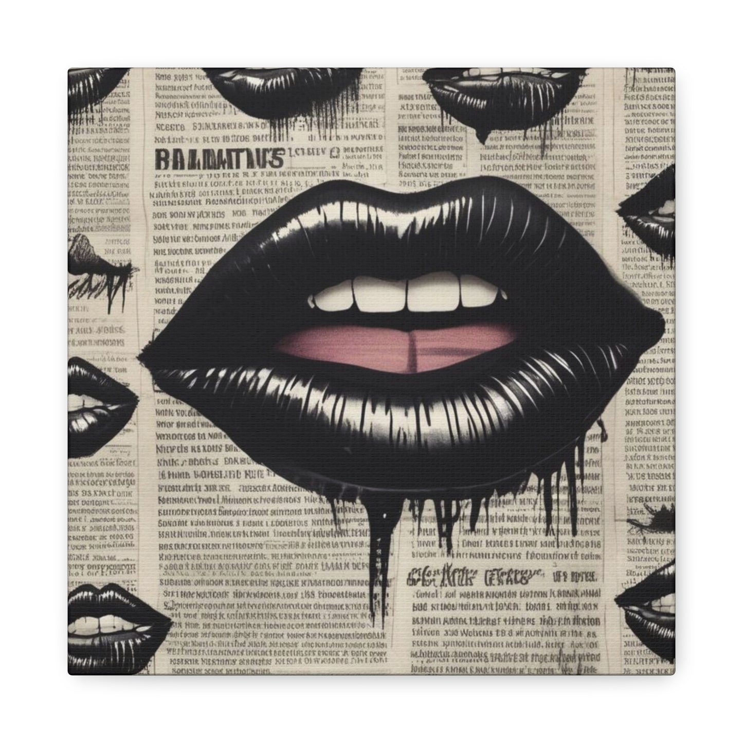 Black Drip Lips Canvas Wall Art — Vintage Newspaper Pop Art