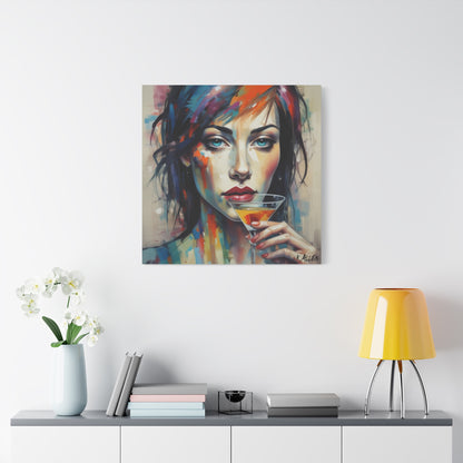 Colorful Femme Portrait Canvas — Martini Woman Stretched Wall Art