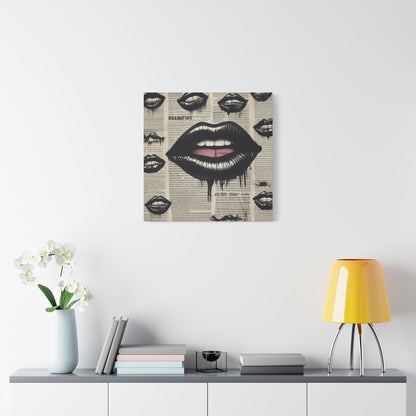 Black Drip Lips Canvas Wall Art — Vintage Newspaper Pop Art