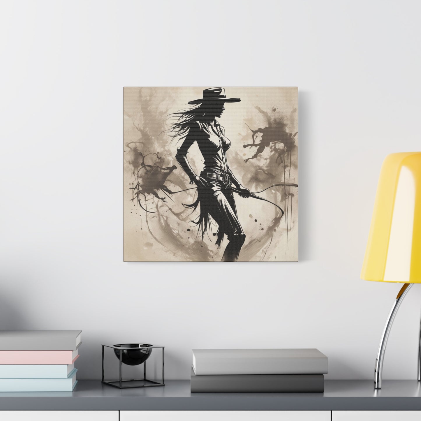 Cowgirl Silhouette Canvas Art – Western Whip Poster on Matte Stretched Canvas