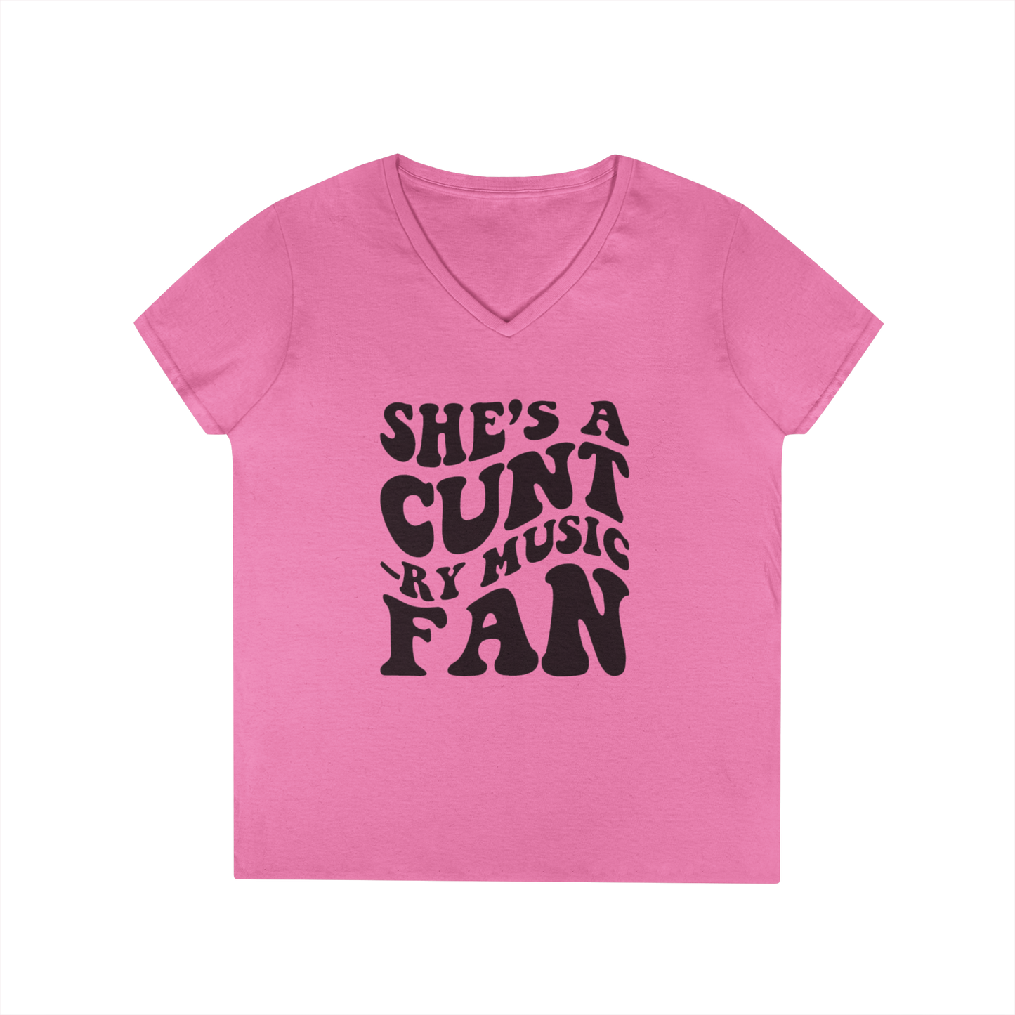 V-Neck T-Shirt — "She’s a Country Music Fan" Retro Psychedelic Text Design