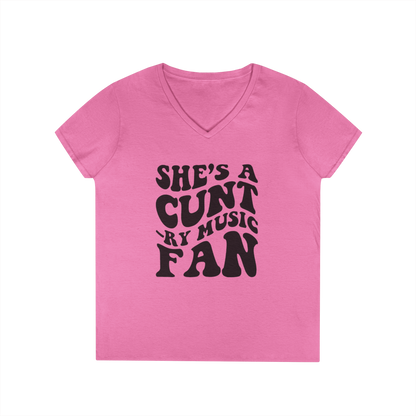 V-Neck T-Shirt — "She’s a Country Music Fan" Retro Psychedelic Text Design