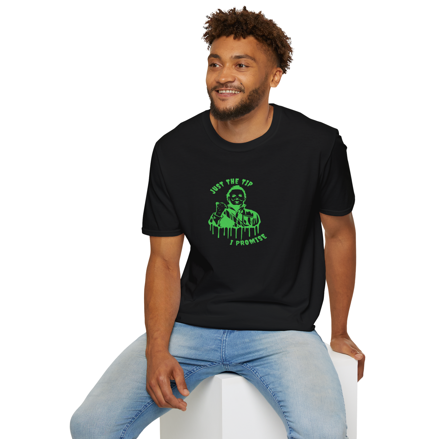 T-Shirt — Glow-In-The-Dark Green 'Just One Tip I Promise' Retro Horror Skate Design
