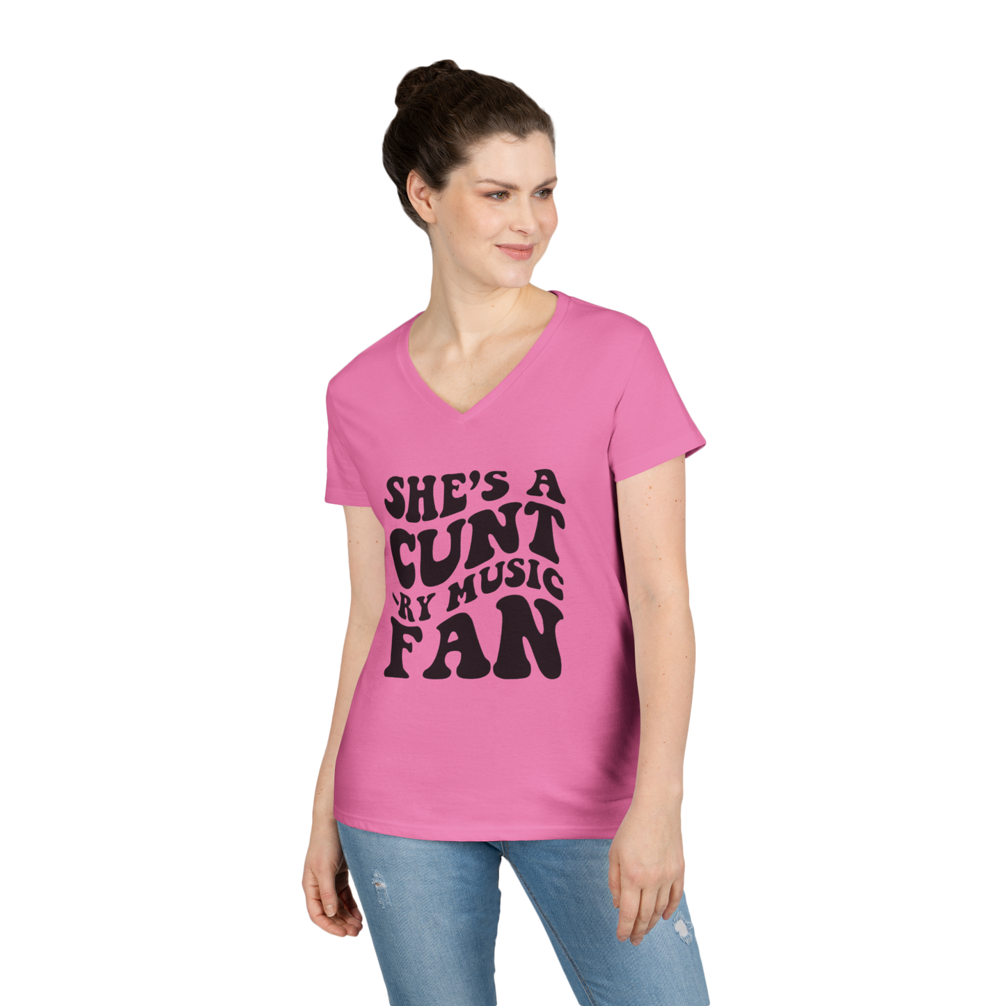 V-Neck T-Shirt — "She’s a Country Music Fan" Retro Psychedelic Text Design