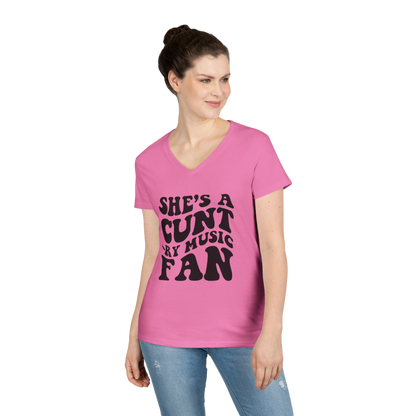V-Neck T-Shirt — "She’s a Country Music Fan" Retro Psychedelic Text Design