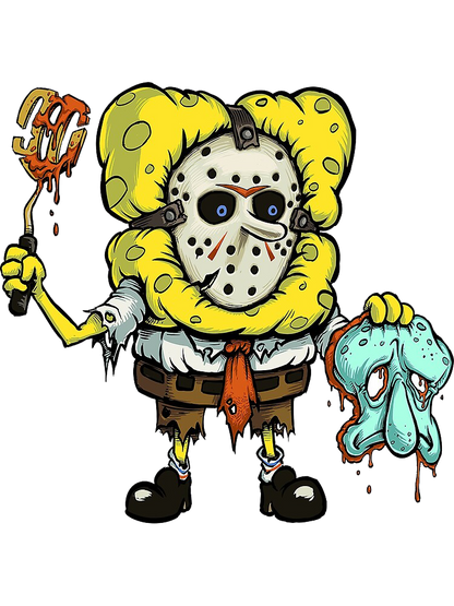 Horror Sponge Mashup T-Shirt — Creepy Cartoon Jason with Tooth Trophy