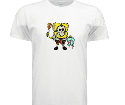 Horror Sponge Mashup T-Shirt — Creepy Cartoon Jason with Tooth Trophy